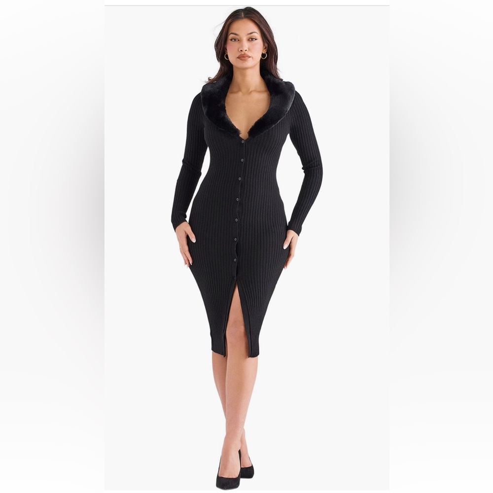House of CB RAINE 
BLACK FAUX FUR TRIM DRESS